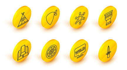 Set line Dagger, Pointer to wild west, Old wooden wheel, Gold bars, Drum, Hexagram sheriff, Cowboy bandana and Indian teepee or wigwam icon. Vector © Oksana