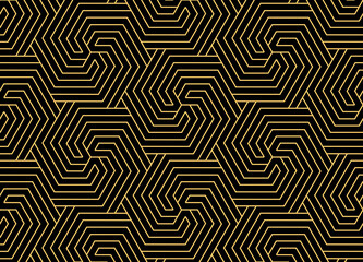Abstract geometric pattern with stripes, lines. Seamless vector background. Gold and black ornament. Simple lattice graphic design