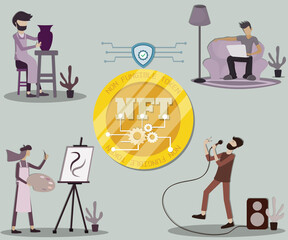 Flat design of digital technology,Many person create their work and convert them to NFT - vector