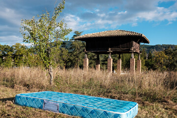 Abandoned mattress on a meadow.