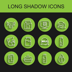 Set line Milk in plastic bottle, Butter butter dish, Cow head, Bottle with milk, Baby, Drinking yogurt and Lettering icon. Vector