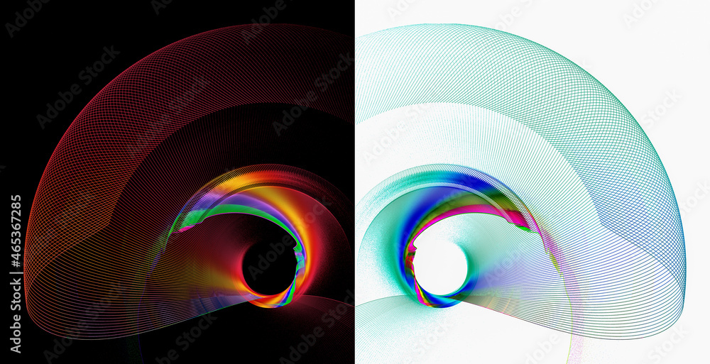 Poster colorful transparent curved elements rotate on white and black backgrounds. two abstract fractal bac