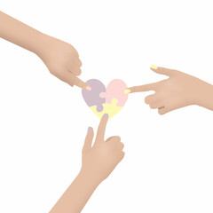 Love concept, team concept: 3 women spread their hands making a heart puzzle. union is by force. Cartoon vector style for your design.