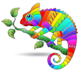 A stained glass illustration with an abstract chameleon on a branch, an animal isolated on a white background © Zagory