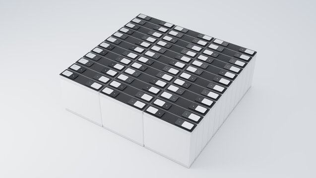 Lithium NMC Rechargeable Battery Stacked For Electric Vehicle Energy Storage, New LFP Lithium-ion Prismatic Cell Pack Manufacturing Industry 3D Rendering Illustration