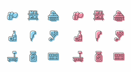 Set line Electronic scales, Coffee jar bottle, Price tag for egg, Barcode, Scanner scanning bar, Security camera, Wine and Warehouse interior with boxes icon. Vector