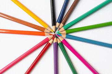 Colorful multicolored pencils on white background. Education, Business and finance concept with copy space. Art