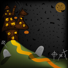 vector scary night halloween background with haunted house on the hill, cementary, bats and fool moon