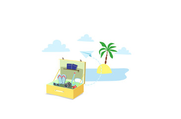 Open suitcase with things on vacation. Sea and palm trees in the background. Time to travel concept. Vector illustration