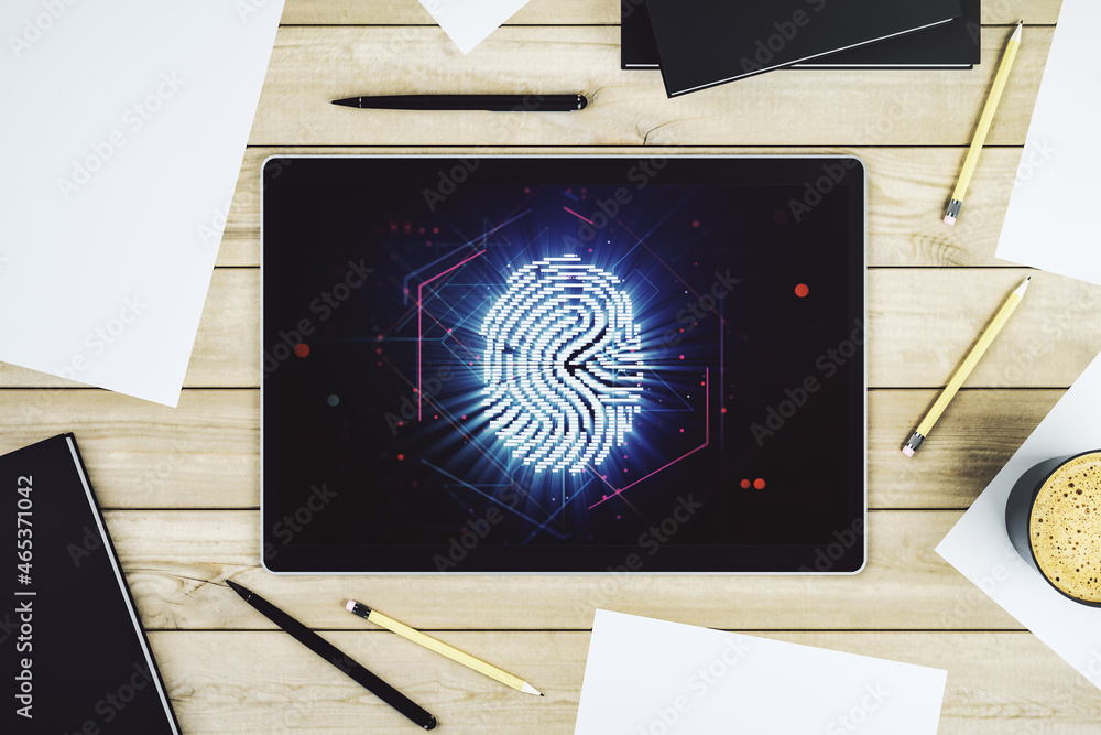 Poster Top view of modern digital tablet display with creative fingerprint hologram, personal biometric data concept. 3D Rendering