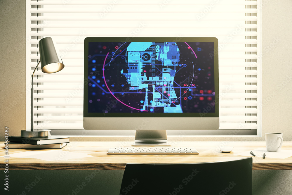 Poster modern computer screen with creative human head microcircuit. future technology and ai concept. 3d r
