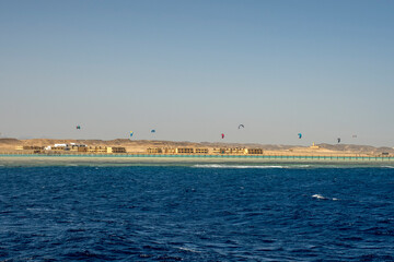 Kite surfers off the coast of Egypt in the Red Sea