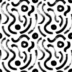 Chaotic black wavy lines and circles. Hand drawn black and white mosaic texture. Abstract fashion trendy seamless pattern with hand drawn curly lines for textile, wrapping paper, surface, background