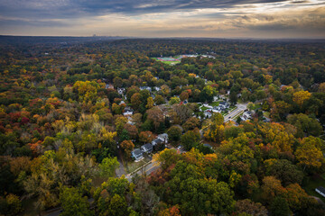 Fototapeta na wymiar Aerial Autumn Sunset in Closter New Jersey 