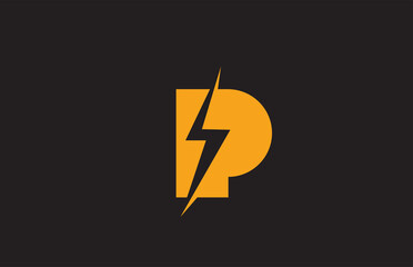 P yellow black alphabet letter logo icon. Electric lightning design for power or energy business