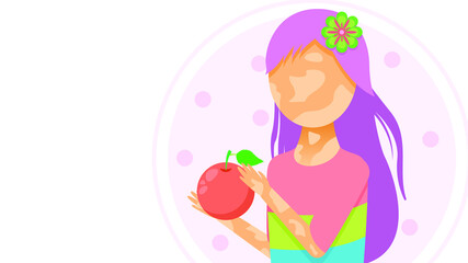 Flat Girl Woman Character With Spots And Flower, An Apple In Hand Vitiligo Depigmentation Disease Vector Design Style Concept People Are Equal