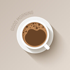Top view of white coffee cup with saucer. Good morning coffee. Vector illustration
