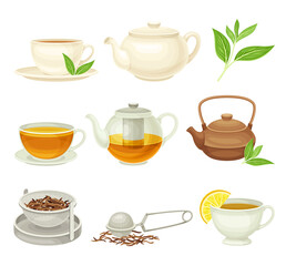 Tea as Hot Aromatic Beverage Preparation Brewing in Teapot and Poured in Cup Vector Set