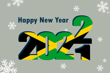 New year's card 2022. Demonstrates an element of the Jamaica flag, holiday lettering, and snowflakes. It can be used as a banner flyer, postcard, website, or national greeting.