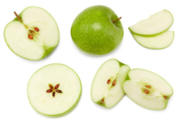 green apple with slices isolated on a white background. top view. clipping path