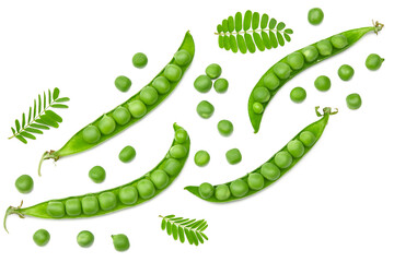 Fresh green pea pods with green peas isolated on white background. clipping path. top view