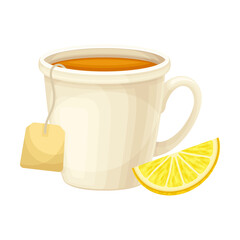 Tea Mug with Teabag as Hot Aromatic Beverage Poured with Boiling Water for Brewing and Lemon Slice Closeup Vector Illustration
