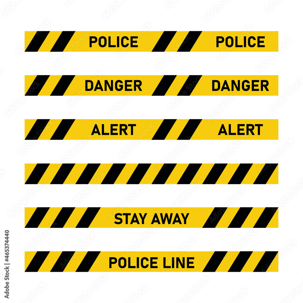 Wall mural police tape set. yellow and black ribbon danger, warning, caution, alert, attention. vector illustra