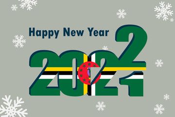 New year's card 2022. Demonstrates the element of the flag of Dominica, festive lettering and snowflakes. It can be used as a banner flyer, postcard, website, or national greeting.