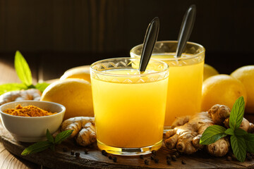Immune booster antivirus drink, turmeric with ginger, lemon, mint and spices hot winter tea on...