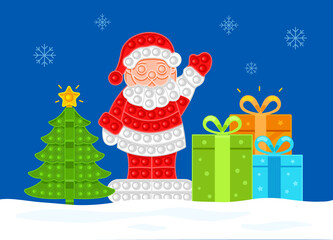 Santa Claus with gifts and a Christmas tree is standing and waving. New Year's theme. Anti-stress toy.