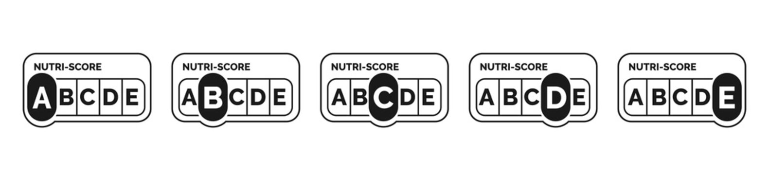 Nutri-score black icons set : A, B, C, D, E. Isolated Nutriscore label for packaging on white background. Food rating system outlined symbols. Vector illustration.