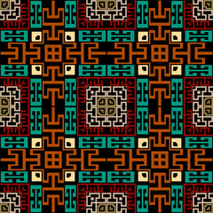 Colorful tribal ethnic seamless pattern. Vector plaid tartan background. Greek key, meanders. Square frames, borders, symbols, shapes, mazes. Abstract geometric traditional ornaments. Endless texture