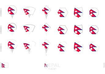 Collection of the Nepal flag in different shapes and with three different effects.