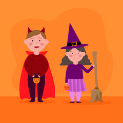 Happy Halloween. Children in fancy dress. The Witch and Dracula. wallet or life. trik or treat.Vector illustration. Vector illustration