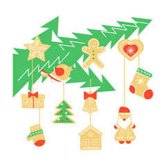 Green branch of christmas tree with christmas cookies and gingerbread
