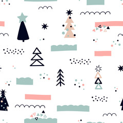 Cute Scandinavian-style Christmas background. Seamless pattern with Christmas trees