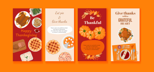Instagram stories templates. Turkey, pumpkin pie, pumpkins and snacks. Vector templates for stories. Vector illustration Happy thanksgiving day