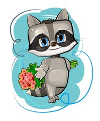 Cute kid Raccoon stretches out his hand suggest friendship. He wants to give a bouquet of flowers. Funny animal. Illustration for children. Isolated on white background. Vector