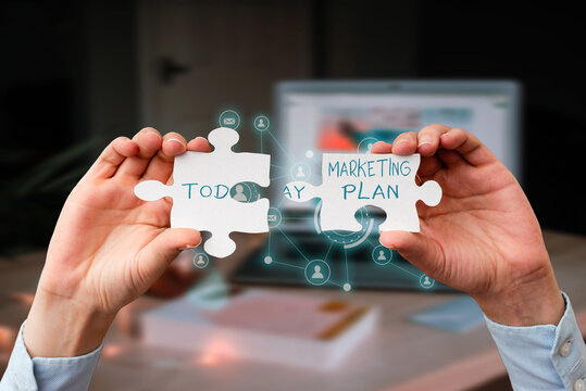 Conceptual Display Marketing Plan. Concept Meaning Comprehensive Document Of Business Activities And Advertising Business Woman Holding Jigsaw Puzzle Piece Unlocking New Futuristic Tech.