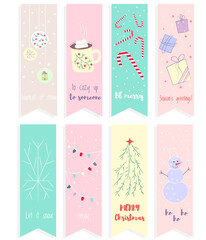 Christmas gift tags, bookmark set incartoon style. Holiday celebration banner background. Vector isolated set. Banner, poster, greeting card. White background. 