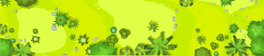 Beautiful summer landscape with trees. Tropic meadow. View from above. Illustration in a flat style. Scenarios from above. Cartoon design. Vector.