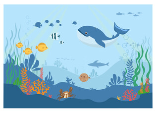 Naklejka premium Underwater life. Fish swim in the ocean The beauty of the underwater world.