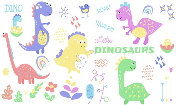 Retro doodle cartoon poster with colorful dinosaurs on white background for print design. White background. Cartoon illustration.
