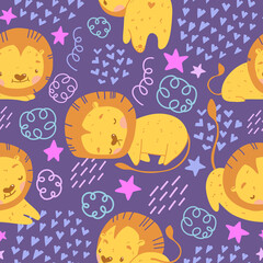 Cute Baby Lion seamless pattern. Children illustration with adorable sleepy lion character in different poses and face expressions - sleeping, stretcing, smiling. Dark purple background, pink stars