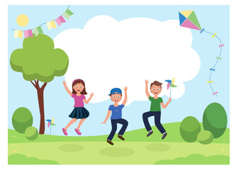 Happy kids are jumping in the park. International children's day. Place for text
