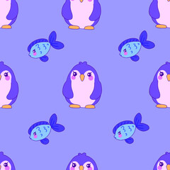 Vector children's seamless pattern for kids with cute penguins and fish. Background with a pattern for children with cartoon characters, for printing on fabric, clothes, toys, notebooks