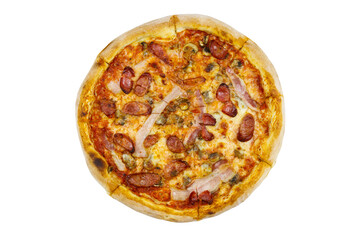 Delicious fresh pizza with sausage, mushrooms and cheese isolated on white background