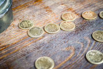 Several souvenir coins are laid out on the board