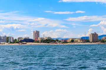 Fototapeta premium View of the Black sea and Sunny Beach resort in Bulgaria. View from a sea