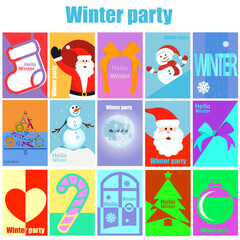 Set of winter time print templates, background pattern on the theme of winter for flyers, cards, brochures, posters. backgrounds for your social networks. Flat vector illustration.